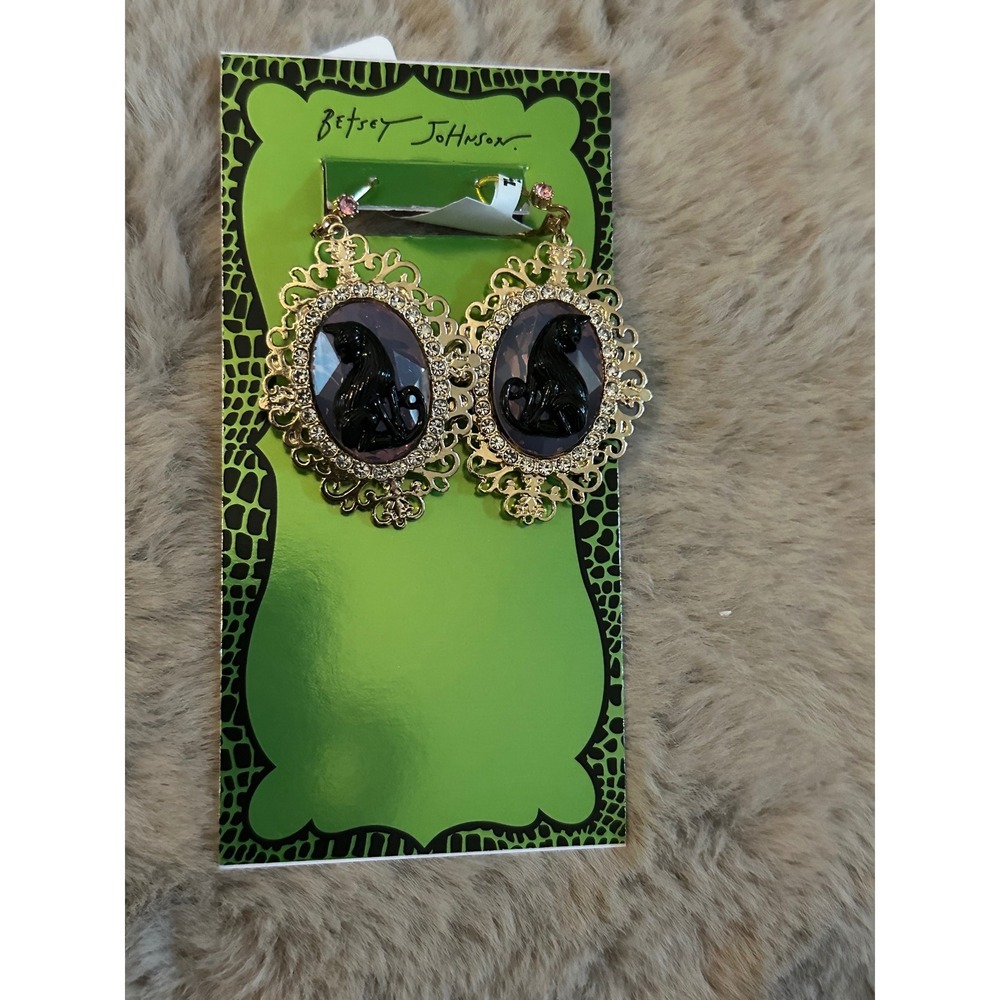 Betsey Johnson Black Cat Purple Stone Gold Filigree Drop Earrings Halloween